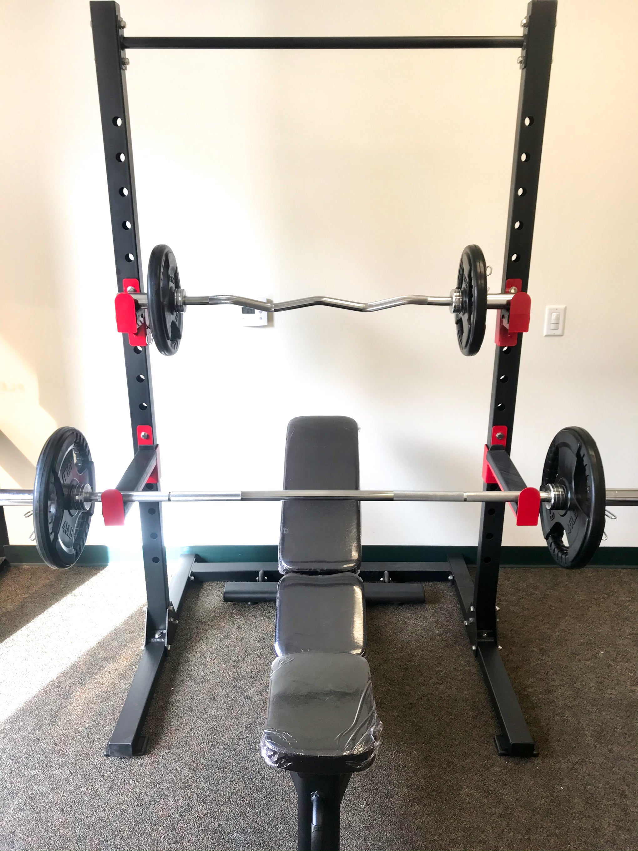 Commercial grade multifuction squat rack with bench