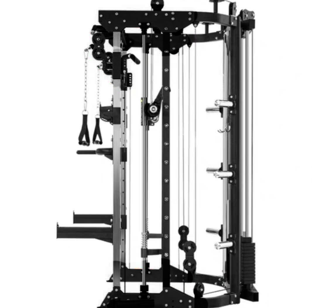 Side view of commercial grade multi-functional smith machine
