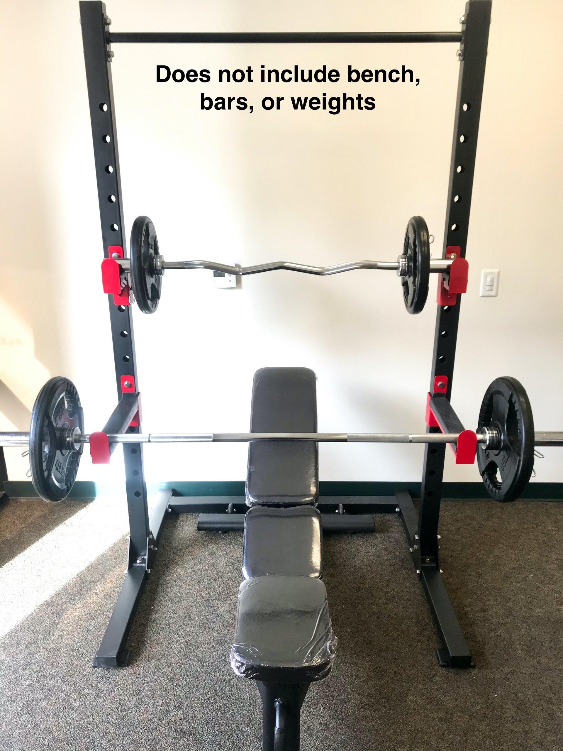 Squat rack with bench and bars
